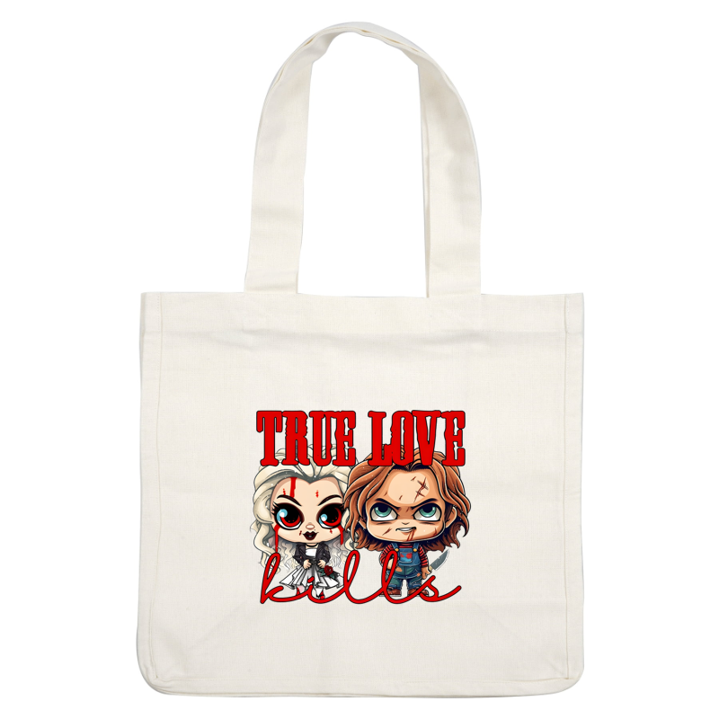 A whimsical illustration featuring two chibi characters with a dark theme, accompanied by the phrase "True Love Kills." dtf prints