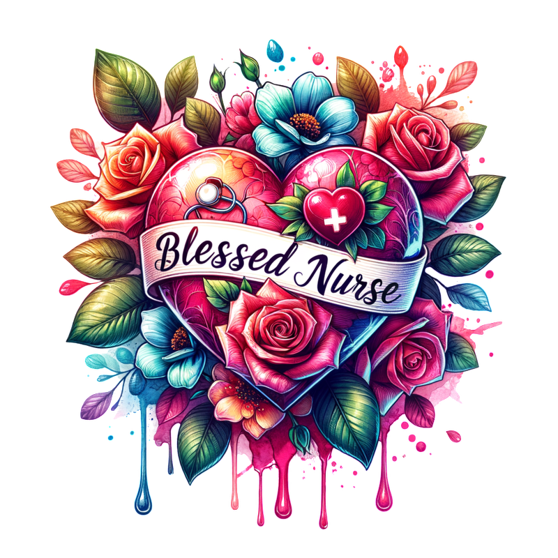 A vibrant and colorful heart design surrounded by flowers, featuring the words "Blessed Nurse" alongside medical symbols and dripping paint.DTF Transfers