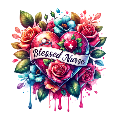 A vibrant and colorful heart design surrounded by flowers, featuring the words "Blessed Nurse" alongside medical symbols and dripping paint.DTF Transfers