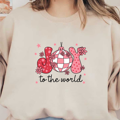 Un diseño alegre que presenta una bola de discoteca estampada rodeada de flores y el texto divertido "Joy to the World" (Alegría para el mundo).