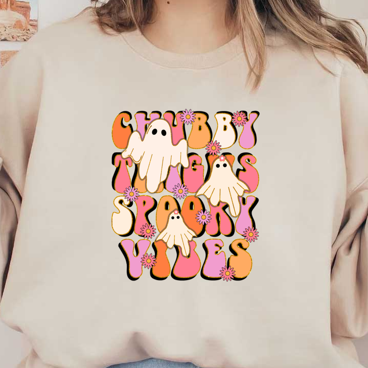 Cute retro design featuring chubby ghosts and playful text that says "Chubby Things, Spoony Vibes," perfect for Halloween! heat press transfers