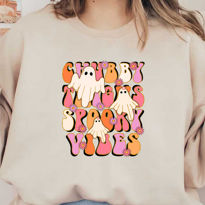 Cute retro design featuring chubby ghosts and playful text that says "Chubby Things, Spoony Vibes," perfect for Halloween! heat press transfers