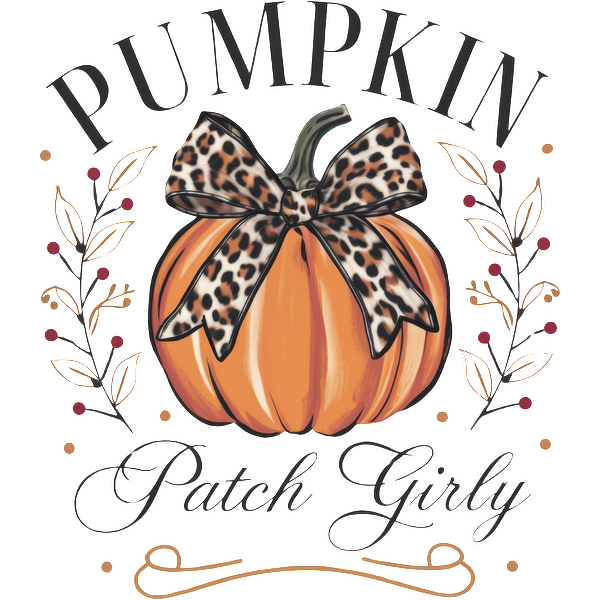 A charming autumn design featuring a pumpkin adorned with a leopard print bow and floral accents, perfect for fall enthusiasts. heat press transfers