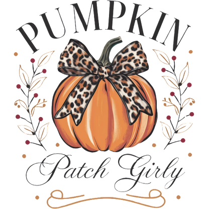 A charming autumn design featuring a pumpkin adorned with a leopard print bow and floral accents, perfect for fall enthusiasts. heat press transfers