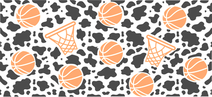 A lively illustration featuring orange basketballs and basketball hoops, perfect for sports-themed designs or decor.UV Transfersdtf regular iron