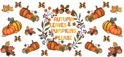 Celebre la temporada con esta vibrante obra de arte con temática otoñal que incluye calabazas, hojas y colores alegres. Transferencias UV