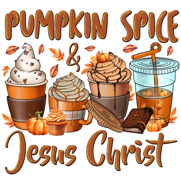 A whimsical illustration featuring various pumpkin spice treats, including cups of coffee, desserts, and symbols of faith. dtf prints