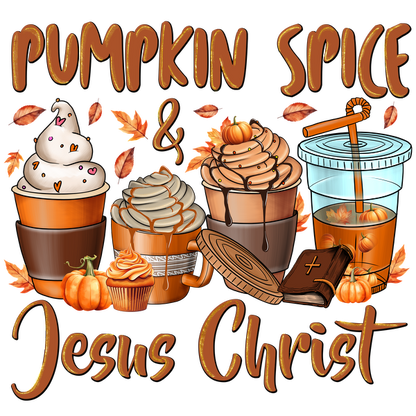 A whimsical illustration featuring various pumpkin spice treats, including cups of coffee, desserts, and symbols of faith. dtf prints