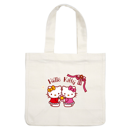 Adorable illustration of two Hello Kitty characters holding a flower, adorned with colorful bows and the playful text "Hällö Kittij."DTF Transfers