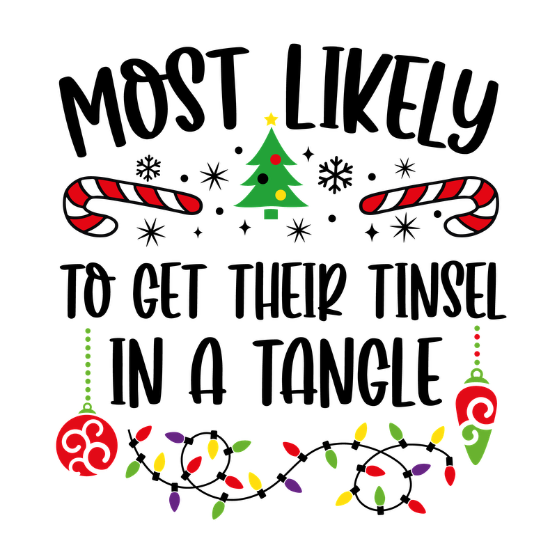 A cheerful holiday-themed illustration featuring a Christmas tree, candy canes, and colorful ornaments, perfect for festive celebrations.DTF Transfers dtf prints