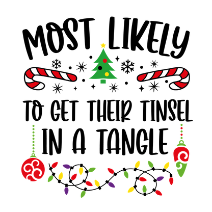 A cheerful holiday-themed illustration featuring a Christmas tree, candy canes, and colorful ornaments, perfect for festive celebrations.DTF Transfers dtf prints