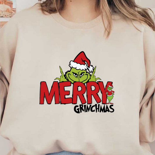 Celebrate the season with this playful "Merry Grinchmas" design featuring the iconic green Grinch in a festive hat!DTF Transfers dtf prints