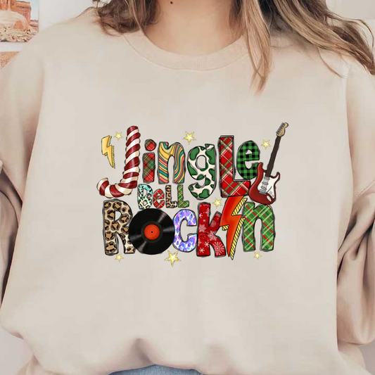 A vibrant and festive graphic featuring the playful phrase "Jingle Bell Rock-n," decorated with colorful patterns and music elements.DTF Transfersdtf regular irondtf regular iron