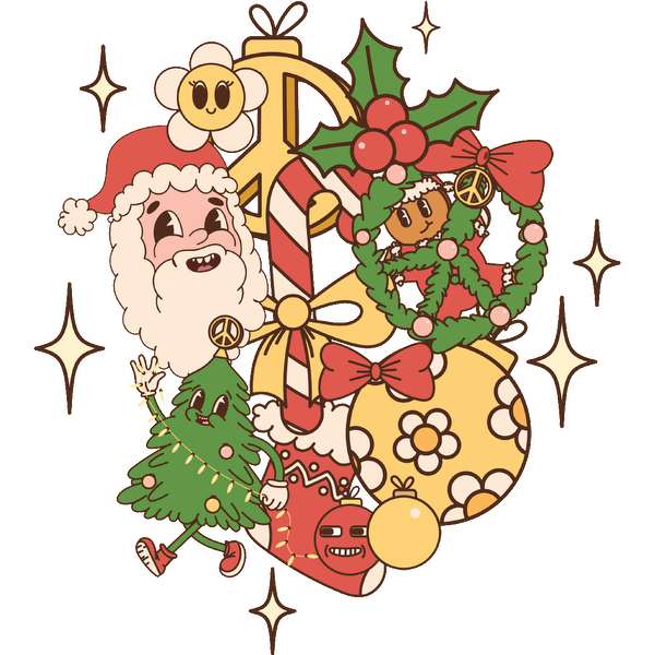 A vibrant and whimsical holiday-themed illustration featuring cheerful characters like Santa, a Christmas tree, and festive decorations. dtf prints