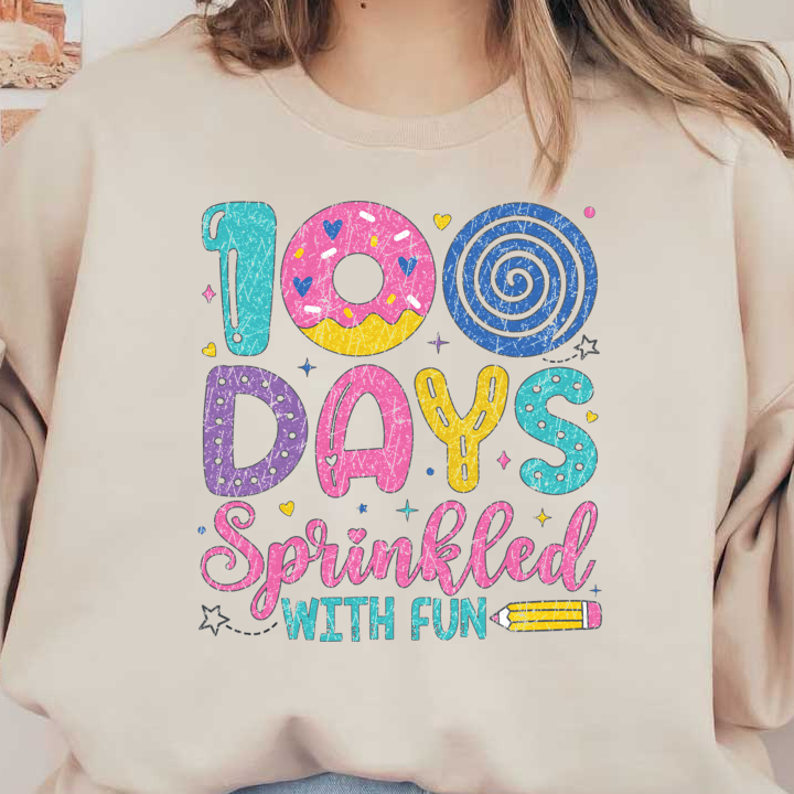 Celebrate 100 days of joy with this colorful, fun-themed design featuring playful fonts and sprinkles of creativity!DTF Transfers