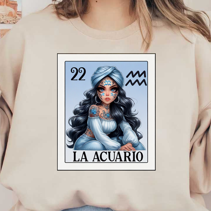 Una tarjeta de personaje bellamente ilustrada que presenta a "La Acuario", adornada con intrincados tatuajes azules y un atuendo elegante, que encarna el espíritu de Acuario.