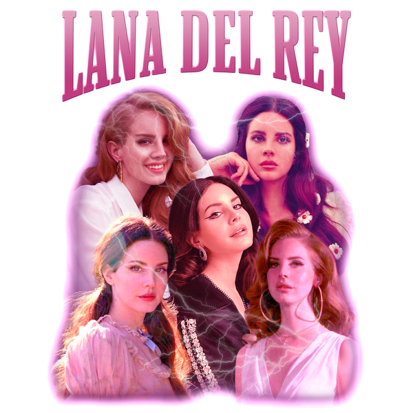 A vibrant collage featuring multiple stylish portraits of Lana Del Rey, highlighted by a pink glow and bold lettering.DTF Transfersdtf regular iron