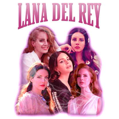 A vibrant collage featuring multiple stylish portraits of Lana Del Rey, highlighted by a pink glow and bold lettering.DTF Transfersdtf regular iron