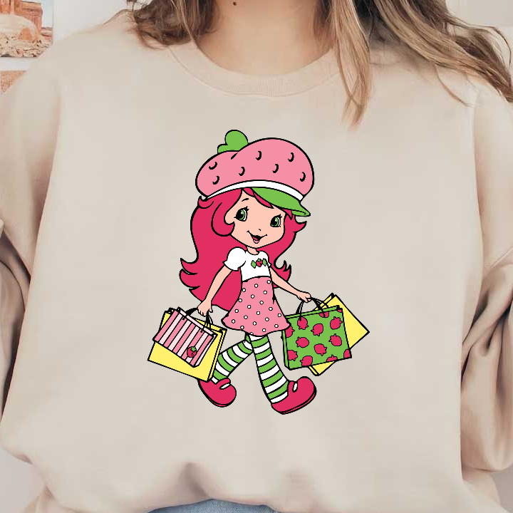 Strawberry-themed animated character cheerfully carrying colorful shopping bags, dressed in a polka-dot dress and striped leggings.DTF Transfers