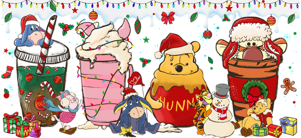 A festive gathering of beloved characters from Winnie the Pooh, celebrating Christmas with cheerful hats and playful decorations.UV Transfers