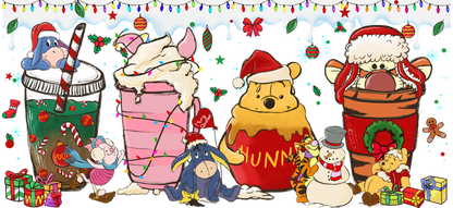 A festive gathering of beloved characters from Winnie the Pooh, celebrating Christmas with cheerful hats and playful decorations.UV Transfers