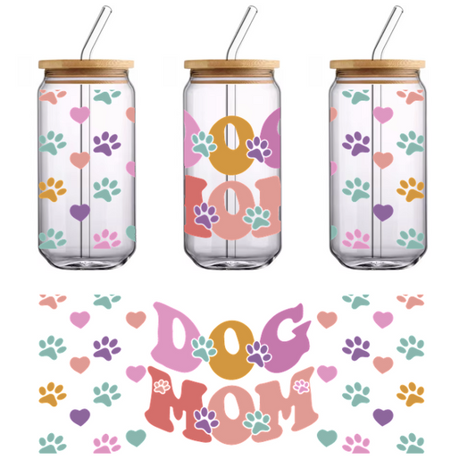 A playful and colorful design celebrating "Dog Mom," adorned with hearts and paw prints in vibrant hues.UV Transfers dtf prints