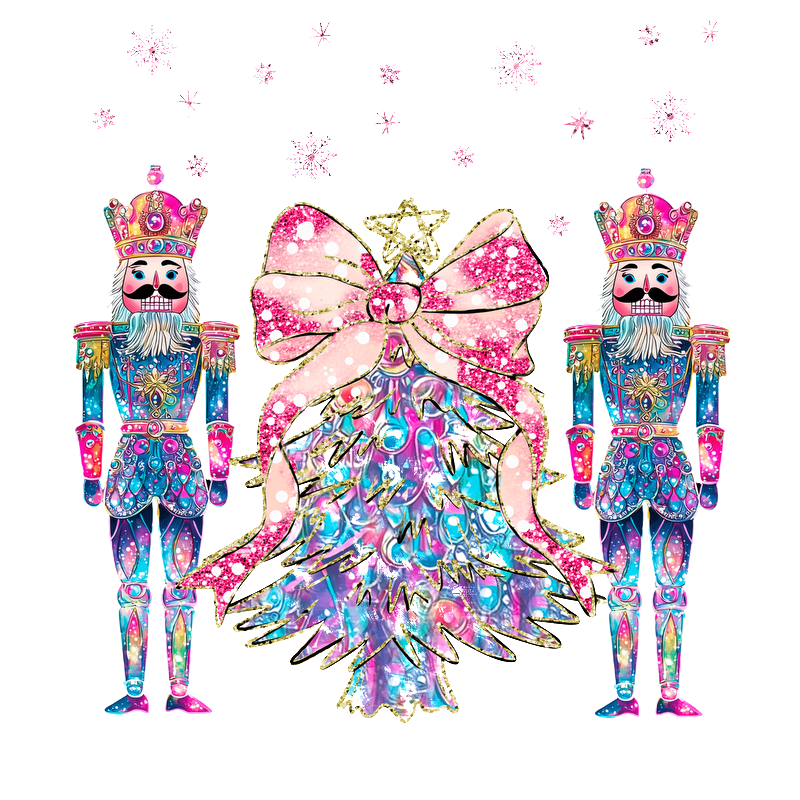 Celebrate the holidays with this vibrant illustration of two colorful nutcrackers flanking a sparkling Christmas tree adorned with a pink bow.DTF Transfers dtf prints