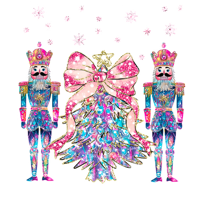 Celebrate the holidays with this vibrant illustration of two colorful nutcrackers flanking a sparkling Christmas tree adorned with a pink bow.DTF Transfers dtf prints