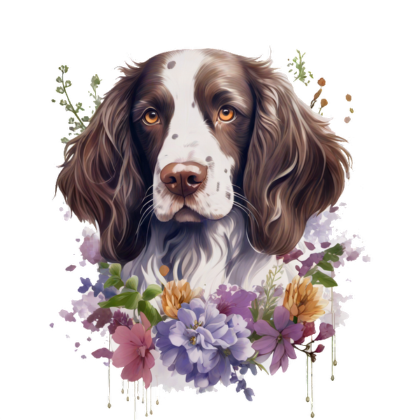 A beautifully detailed illustration of a dog surrounded by colorful flowers, showcasing the dog's expressive eyes and soft fur. dtf prints