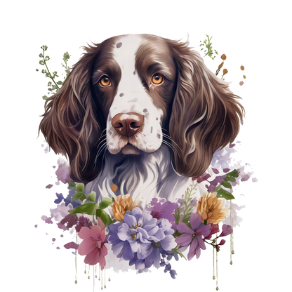 A beautifully detailed illustration of a dog surrounded by colorful flowers, showcasing the dog's expressive eyes and soft fur. dtf prints