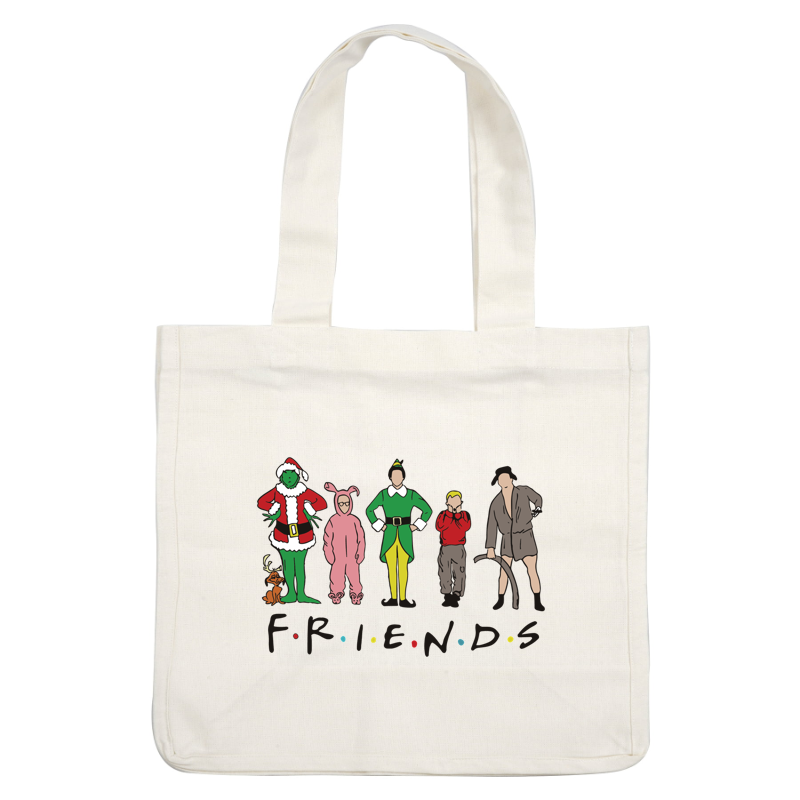 A festive and whimsical design featuring iconic characters celebrating holidays, complete with a playful "F.R.I.E.N.D.S" theme.DTF Transfersdtf regular iron heat press transfers