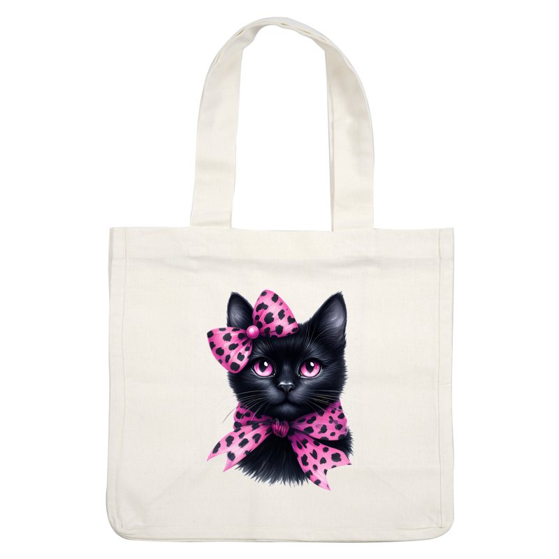 Un elegante gato negro con ojos de color rosa vibrante, adornado con un divertido lazo rosa y una bufanda con lunares para una apariencia elegante.