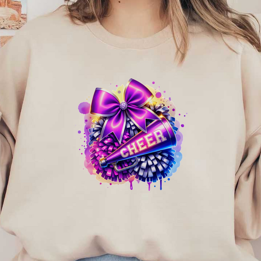 A vibrant cheerleading design featuring a purple megaphone with "CHEER" text, surrounded by colorful pom-poms and a glossy bow.DTF Transfers heat press transfers