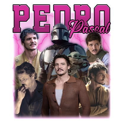 Un collage vibrante que celebra a Pedro Pascal, con escenas icónicas de sus papeles, rodeadas de texto colorido y elementos visuales dinámicos. Transferencias DTF