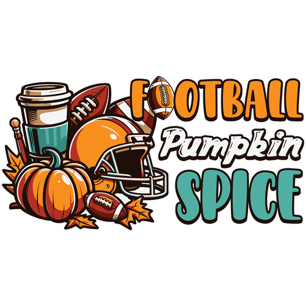 ¡Celebre el otoño con este diseño vibrante que presenta elementos de fútbol, ​​​​calabazas y una taza de café, capturando la esencia de la temporada!