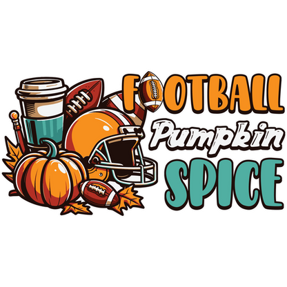 ¡Celebre el otoño con este diseño vibrante que presenta elementos de fútbol, ​​​​calabazas y una taza de café, capturando la esencia de la temporada!