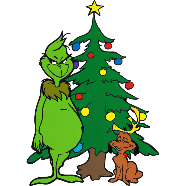 The Grinch and his loyal dog stand beside a decorated Christmas tree, embodying holiday spirit with a whimsical charm.DTF Transfers