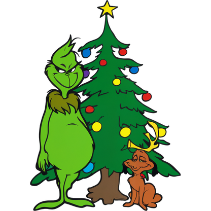 The Grinch and his loyal dog stand beside a decorated Christmas tree, embodying holiday spirit with a whimsical charm.DTF Transfers