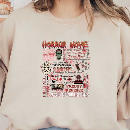 A vibrant horror movie-themed graphic featuring iconic characters like Jason Voorhees, Freddy Krueger, and Frankenstein, splashed with blood-red accents. heat press transfers