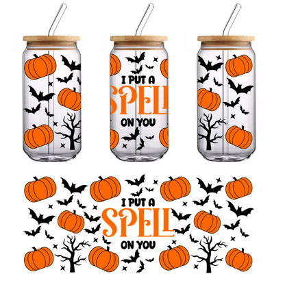 A festive design featuring the word "SPELL" highlighted among playful pumpkin illustrations, capturing the essence of autumn and Halloween.UV Transfers heat press transfers