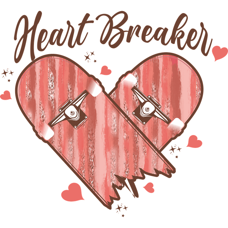 A playful design featuring broken skateboard decks styled as a heart, adorned with the text "Heart Breaker" and cute hearts.DTF Transfers