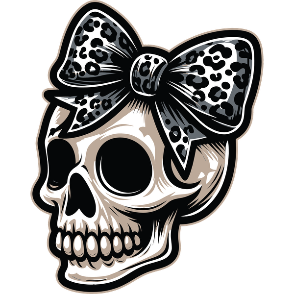 A stylish skull adorned with a bold black and white leopard-print bow, blending edgy and playful aesthetics. dtf transfers