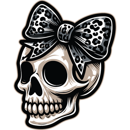 A stylish skull adorned with a bold black and white leopard-print bow, blending edgy and playful aesthetics. dtf transfers