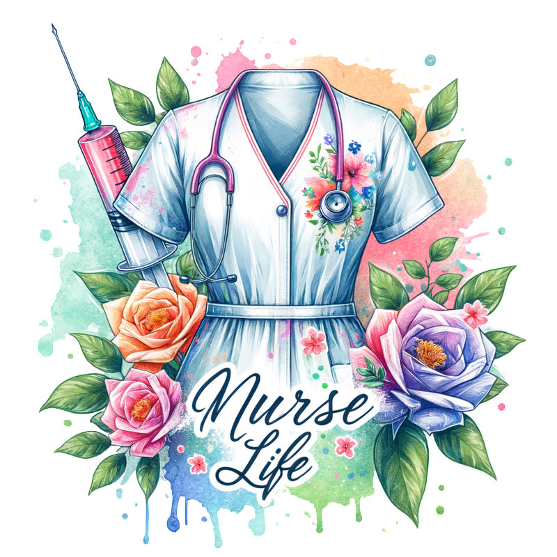 Celebrate the beauty of nursing with this illustrated nurse's uniform adorned with flowers and a health-themed design.DTF Transfers