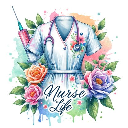 Celebrate the beauty of nursing with this illustrated nurse's uniform adorned with flowers and a health-themed design.DTF Transfers