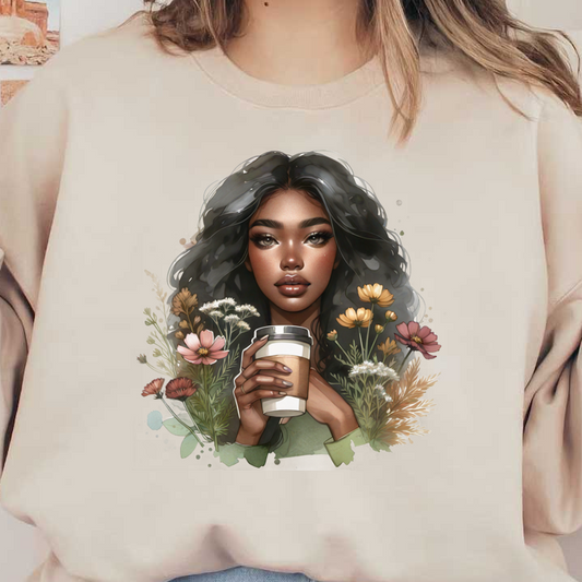 Una hermosa ilustración de una mujer con cabello rizado sosteniendo una taza de café, rodeada de flores de colores en un entorno vibrante.