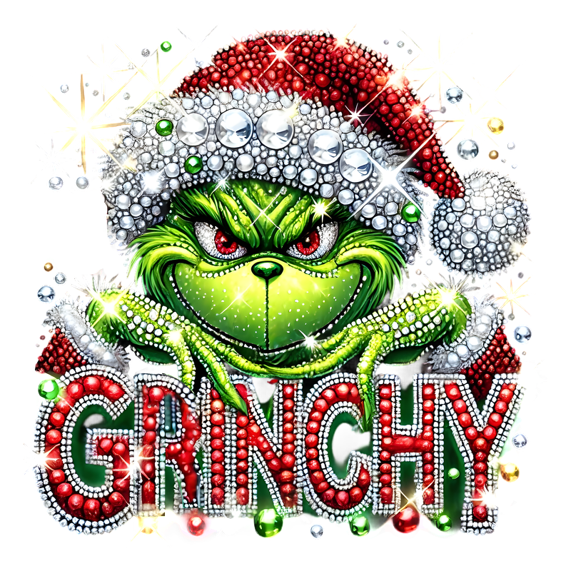 A sparkling, festive illustration of the Grinch features vibrant colors, holiday attire, and bold "GRINCHY" lettering adorned with jewels.DTF Transfers heat press transfers