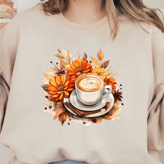 A beautifully arranged cup of coffee topped with swirls, surrounded by vibrant autumn flowers and cinnamon sticks.dtf regular iron