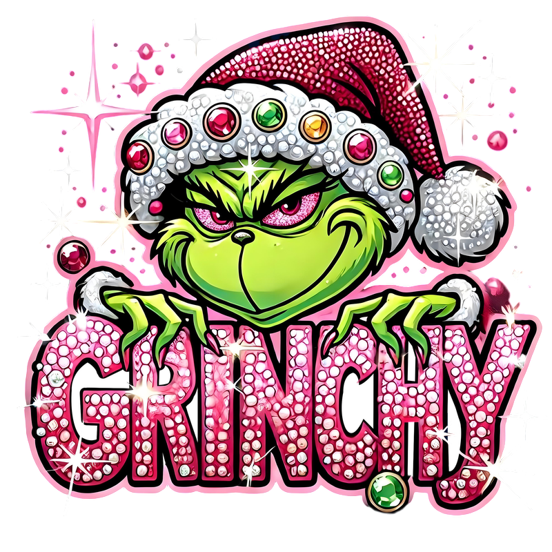 This vibrant design features the Grinch in a festive Santa hat, embellished with sparkling jewels and the playful text "GRINCHY."DTF Transfers