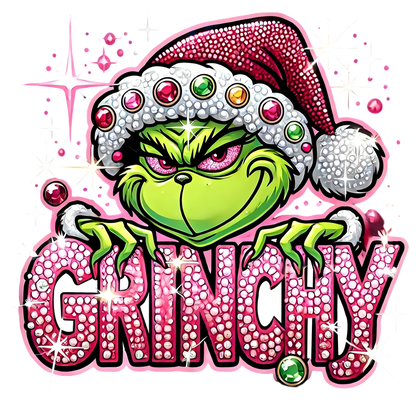 This vibrant design features the Grinch in a festive Santa hat, embellished with sparkling jewels and the playful text "GRINCHY."DTF Transfers